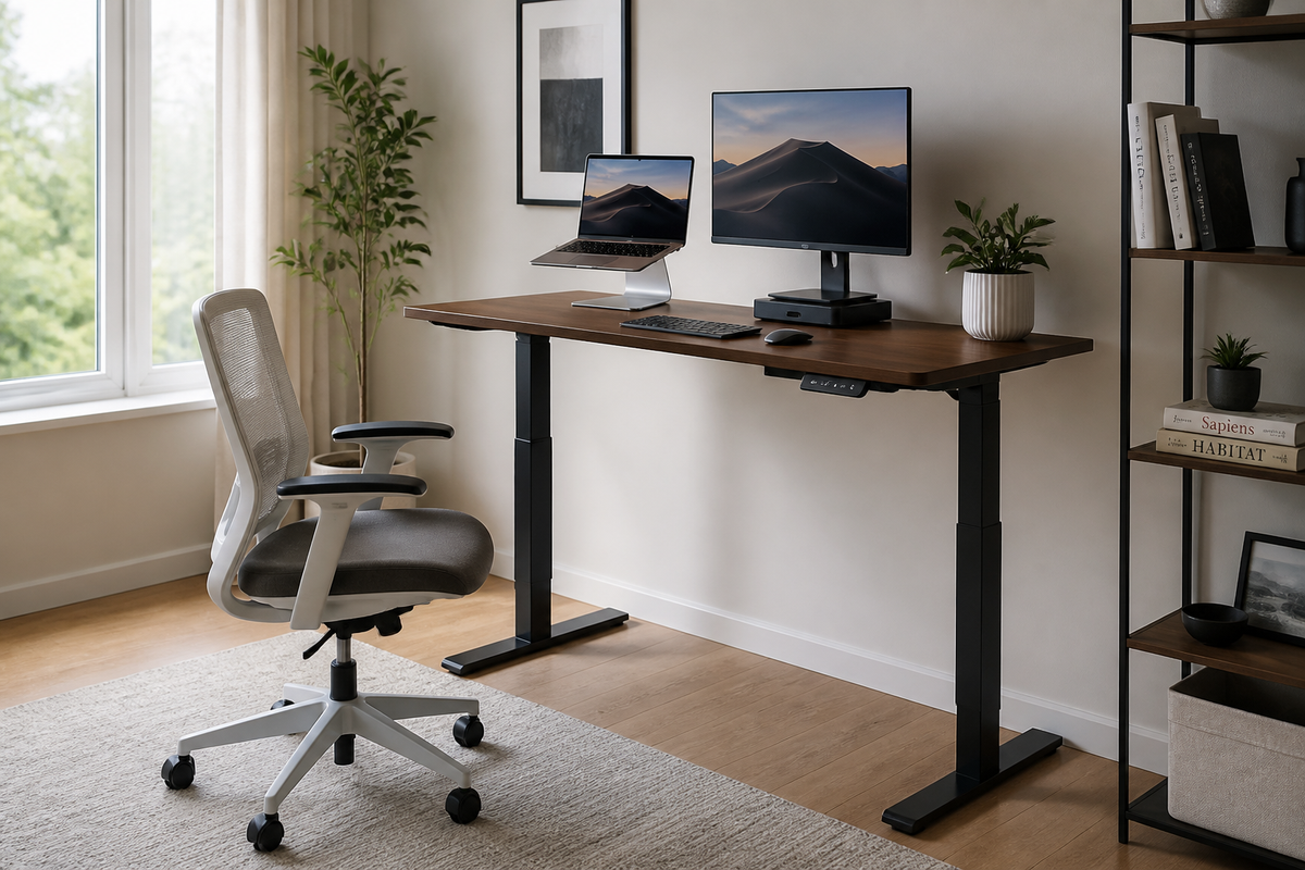 Home office with an electric standing desk set for standing work, monitor, keyboard, mouse, and ergonomic chair