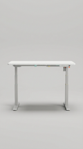 Electric Standing Desk in Natural Wood features a smooth white surface, adjustable height, and a sturdy steel frame.