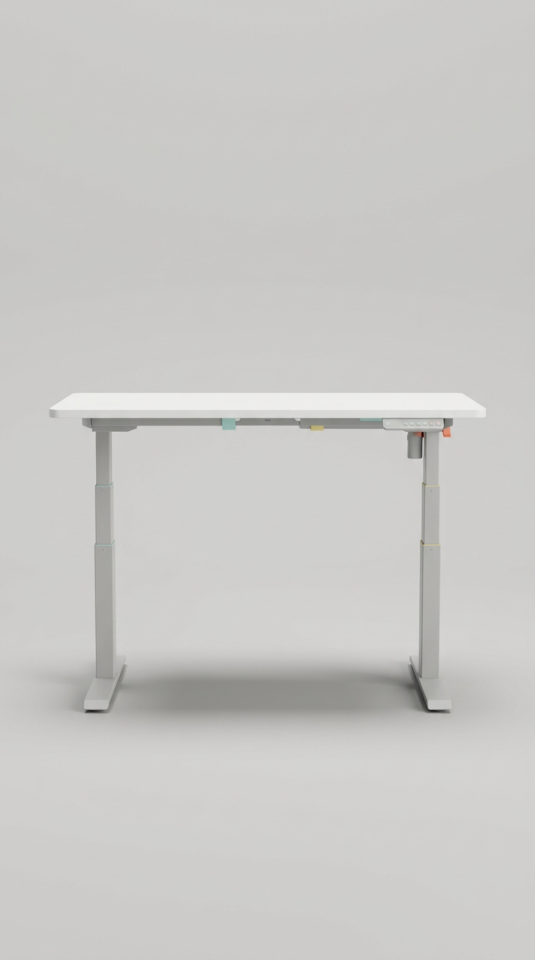 Electric Standing Desk in Natural Wood features a smooth white surface, adjustable height, and a sturdy steel frame.