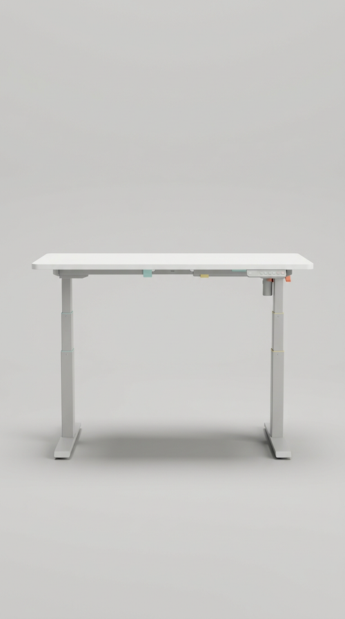 Electric Standing Desk in Natural Wood features a smooth white surface, adjustable height, and a sturdy steel frame.